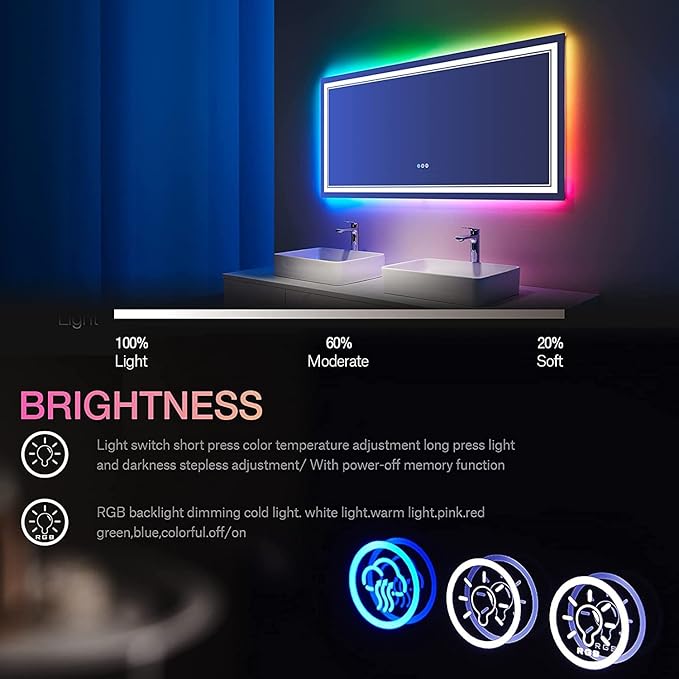 72x36 inch LED Bathroom Mirror with Lights Backlit RGB Color Changing Lighted Mirror for Bathroom Wall Dimmable Anti-Fog Led Mirror (RGB Multicolor Backlit + Adjustable Front-Lighted)