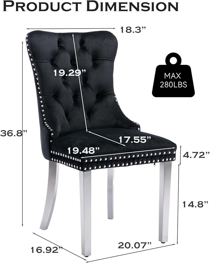 Velvet Upholstered Dining Chairs Set of 8, Modern Style Kitchen Side Chairs with Nailhead Trim and Silver Plated Leg, Metal Pulling Ring for Dining Room Living Room(Black)