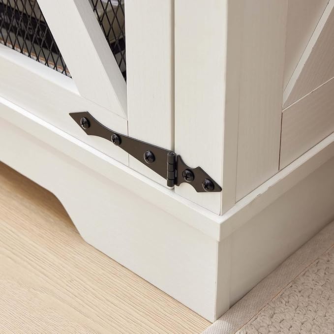 White Farmhouse End Table with Charging Station, 24" Wood Sofa Side Table with Mesh Barn Door, Nightstand with Adjustable Storage Shelf for Living Room, Square