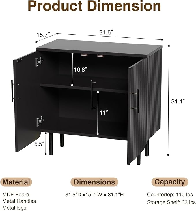 Set of 2 Fluted Black Storage Cabinets, Modern 2-Door Sideboard Buffet Cabinet with Adjustable Shelves and Metal Legs, Accent Cabinet for Kitchen, Living Room, Entryway (Black)