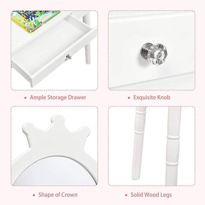 Costzon Kids Vanity Set, Wooden Princess Makeup Table with Cushioned Stool, Large Drawer, Solid Wooden Legs and Crown Mirror, Make Up Dressing Table Set for Girls (White)