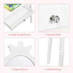 Costzon Kids Vanity Set, Wooden Princess Makeup Table with Cushioned Stool, Large Drawer, Solid Wooden Legs and Crown Mirror, Make Up Dressing Table Set for Girls (White)