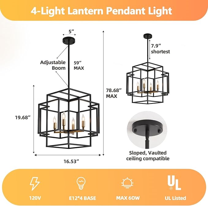 WJShome High Ceiling Foyer Chandelier: 4-Light Farmhouse Lantern Chandeliers for Entryway Industrial Large Pendant Light Fixtures for Entry Staircase Hallway Dining Room Kitchen Island, Black & Gold
