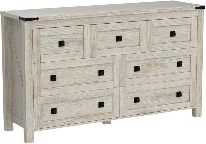 T4TREAM Farmhouse 7 Drawers Tv Stand, Wood Rustic, Storage Dressers Organizer for Bedroom, Living Room,Hallway, Light Rustic Oak