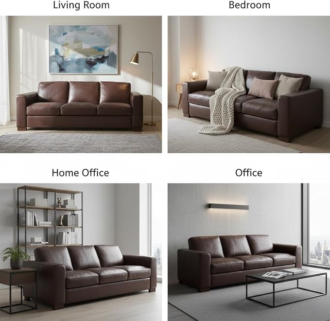 Naomi Home Freya Genuine Leather Sofa - Luxurious Comfort, Goose Feather Cushion Filling, Square Arm Design, Sturdy Block Legs, Elegant Espresso - Ideal for Living Room, Office, or Bedroom