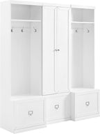 Crosley Furniture Harper 3-Piece Hall Tree and Storage Cabinet Set with Entryway Bench and Hooks for Hanging, White