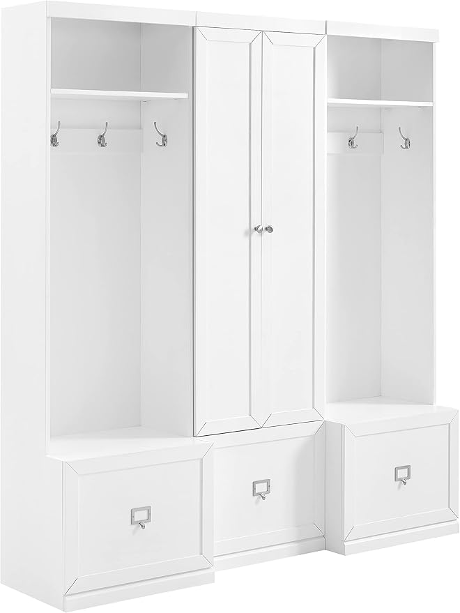 Crosley Furniture Harper 3-Piece Hall Tree and Storage Cabinet Set with Entryway Bench and Hooks for Hanging, White