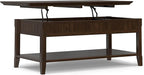 SIMPLIHOME Acadian Lift Top Coffee Table - 48 inch Wide Solid Wood Transitional Pop-up Cocktail Table in Brunette Brown, Classic Living Room Table with Lift-up Storage Compartment and Open Shelf