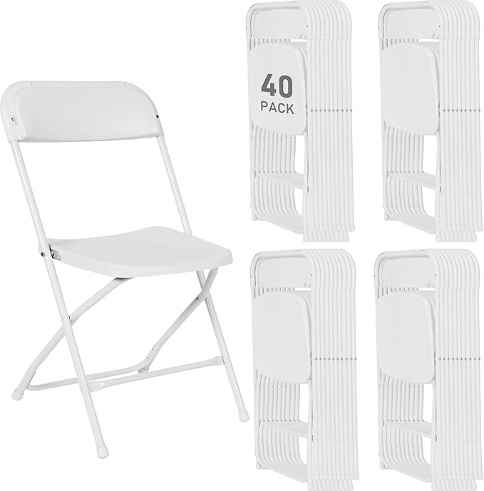 40 Pack White Plastic Folding Chairs, Portable Stackable Commercial Party Folding Chairs with Steel Frame 350lbs for Home Office Outdoor Indoor Office Wedding Party Events