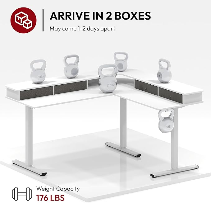 SANODESK 63" L Shaped Standing Desk with 3 Drawers, Height Adjustable Stand up Desk, Corner Gaming Desk with Monitor Stand, White Frame/White Top