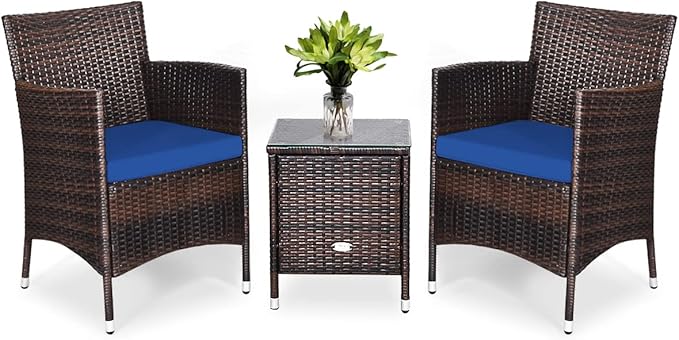 COSTWAY 3 PCS Patio Furniture Set, Outdoor Wicker Conversation Set with Tempered Glass Coffee Table, Seat Cushions, Rattan Wicker Chairs for Poolside Balcony Porch Backyard, Navy