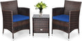 COSTWAY 3 PCS Patio Furniture Set, Outdoor Wicker Conversation Set with Tempered Glass Coffee Table, Seat Cushions, Rattan Wicker Chairs for Poolside Balcony Porch Backyard, Navy