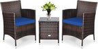 COSTWAY 3 PCS Patio Furniture Set, Outdoor Wicker Conversation Set with Tempered Glass Coffee Table, Seat Cushions, Rattan Wicker Chairs for Poolside Balcony Porch Backyard, Navy