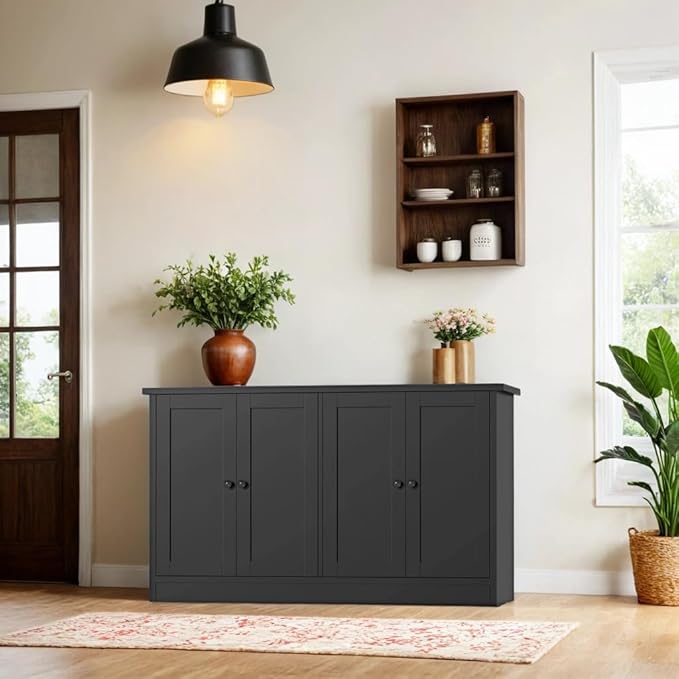 Black Buffet Storage Cabinet with 4 Door, 49" W Coffee Bar Cabinet, Kitchen Buffet Sideboard for Living Room, Kitchen