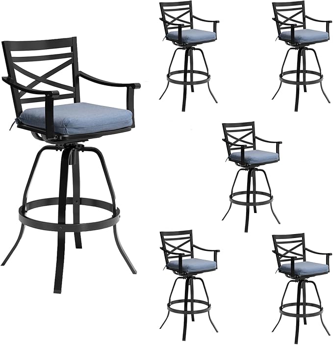 Pellebant Set of 6 Outdoor Bar Stools 30", Aluminum Swivel Patio Bar Height Bar Stools with Back & Footrest, for Deck Lawn Garden(Spectrum Denim)