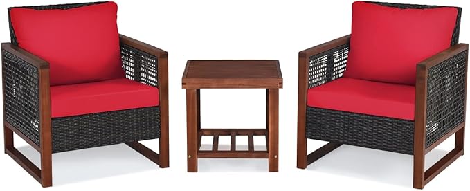 COSTWAY 3 Pieces Wicker Patio Furniture Set, Outdoor Wicker Sofa with Acacia Wood Frame, Coffee Table & Washable Cushions, Rattan Conversation Sets for Yard, Porch, Bistro, Balcony, Backyard, Red