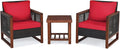 COSTWAY 3 Pieces Wicker Patio Furniture Set, Outdoor Wicker Sofa with Acacia Wood Frame, Coffee Table & Washable Cushions, Rattan Conversation Sets for Yard, Porch, Bistro, Balcony, Backyard, Red