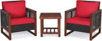 COSTWAY 3 Pieces Wicker Patio Furniture Set, Outdoor Wicker Sofa with Acacia Wood Frame, Coffee Table & Washable Cushions, Rattan Conversation Sets for Yard, Porch, Bistro, Balcony, Backyard, Red
