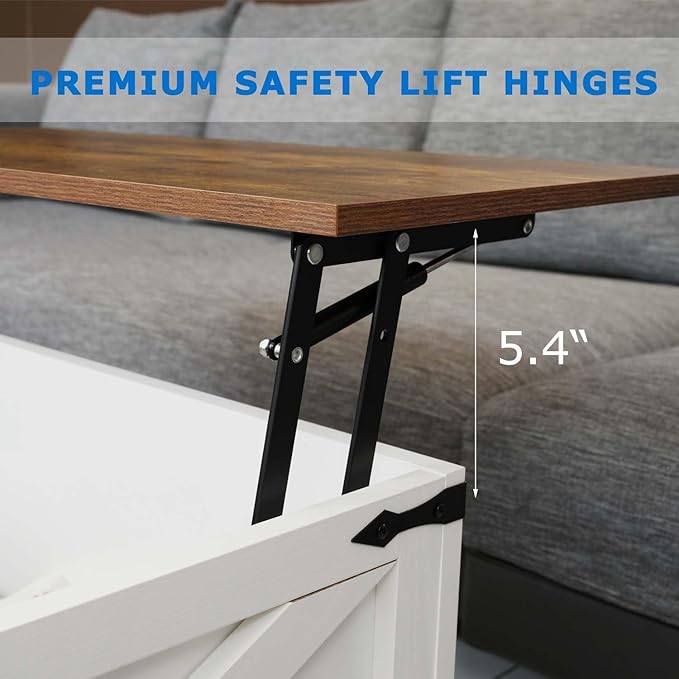 Farmhouse Coffee Table Set of 3, Lift Top Coffee Table with Sliding Barn Doors and End Tables Set of 2 with Charging Station, Living Room Table Set for Home Office, White