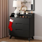 3 Drawer Dressers for Bedroom, 32" Large Wood Storage Dresser & Chest of Drawers with Charging Station, Wide Modern Dressers with 3 Drawer Storage Organizer for Bedroom Living Room Closet, Black
