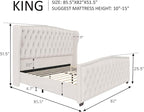 AMERLIFE King Size Platform Bed Frame, Velvet Upholstered Bed with Deep Button Tufted & Nailhead Trim Wingback Headboard/No Box Spring Required/Cream