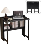 Folding Table with Storage Shelf,32.7 Inch Foldable Computer Desk for Small Spaces,Small Writing Desk for Bedroom Home Office Dorm and Apartment (Black)