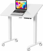 35inch Glass Standing Desk，90° Tiltable Mobile Rising Desk Height Adjustable，Whole Piece Rolling Sit Stand Table with Wheels，Foldable Small Laptop Desk，White