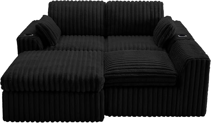 114" Cloud Boneless Sectional Couches for Living Room, Modular Sectional Sofa with Cup Holder, Cozy Fluffy L Shaped Deep Seat Boneless Couch with Storage Pocket, No Assembly Required, Black