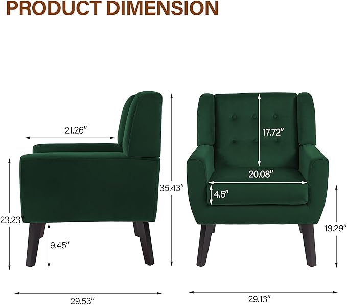 Lumibee Accent Chair, Modern Velevet Armchair for Living Room, Comfy Upholstered Arm Chair Tufted for Indoor Bedroom Office Room (Retro Green Velvet)