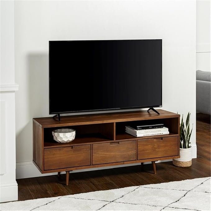 Walker Edison 3-Drawer Mid Century Modern Wood TV Stand for TV's up to 65" Flat Screen Cabinet Door Living Room Storage Entertainment Center, 58 Inch, Walnut