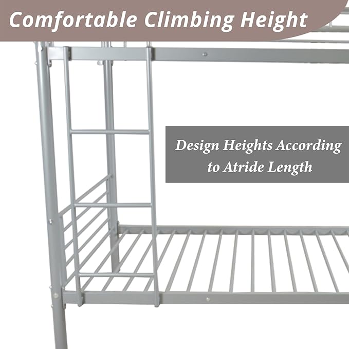 Karl Home Grey Bunk Bed Twin Over Twin, Metal Bunk Bed with Built-in Ladder and Safety Guardrail, Space-Saving Bunk Beds for Kids, Teens & Adults, No Box Spring Needed