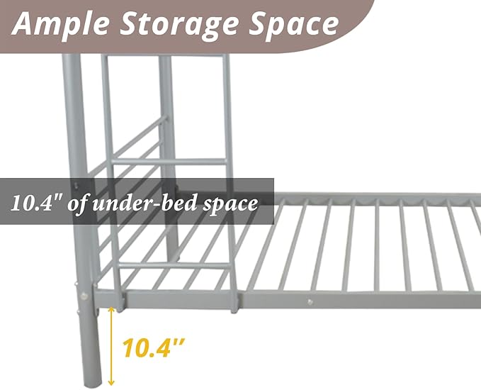 Karl Home Grey Bunk Bed Twin Over Twin, Metal Bunk Bed with Built-in Ladder and Safety Guardrail, Space-Saving Bunk Beds for Kids, Teens & Adults, No Box Spring Needed