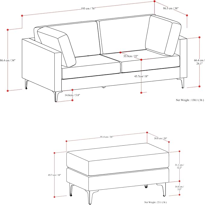 SIMPLIHOME Ava Sofa and Ottoman in 100% Recycled Polyester Performance Fabric, Cream, 76-inch-Wide 2-Seater Loveseat and Matching 36-inch-Wide Table Ottoman for Living Room, 2-Piece Set