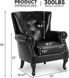 MOJAY PU Leather Accent Chair, Mid-Century Modern Armchair Living Room Club Chair with Tufted Button & Rivet Trim, Upholstered Sofa Chair with Sturdy Wood Legs for Bedroom (Black)