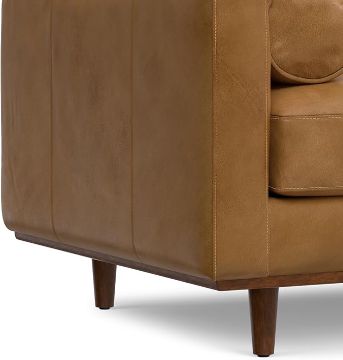 SIMPLIHOME Morrison Accent Chair - 43 inch Wide Upholstered Top Grain Genuine Leather Mid-Century Modern Arm Chair with Solid Wood Frame in Sienna, for Living Room or Bedroom with 2 Bolster Pillows