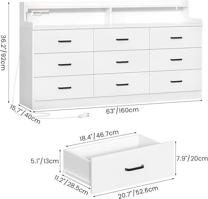 Bigbiglife 9 Drawer Dresser with Built in Power Outlet and LED Light, Modern Chest of Drawers for Bedroom, Triple Wide Drawer Organizer Cabinet for Living Room, Entryway, Hallway, Antique White