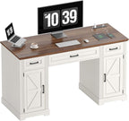 ONBRILL 55 inch Farmhouse Executive Desk with Drawers, Home Office Desk with File Cabinet, Outlets, Storage Cabinet, Keyboard Tray, Wood Computer Desk for Work Study Writing, Off White & Walnut
