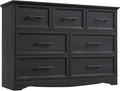 Black Farmhouse Dresser for Bedroom, Modern 7 Chest of Drawers, 47" Wide Chest of Drawers w/Brushed Metal Handle, Wood Dresser TV Stand and Storage Cabinet for Bedroom, Living Room, Hallway