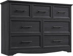 Black Farmhouse Dresser for Bedroom, Modern 7 Chest of Drawers, 47" Wide Chest of Drawers w/Brushed Metal Handle, Wood Dresser TV Stand and Storage Cabinet for Bedroom, Living Room, Hallway