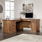 Pemberly Row Home Office L Shaped Corner Desk with Computer Tower Storage and Letter/Legal File Drawer, Vintage Oak