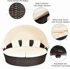 COSTWAY Patio Round Daybed with Retractable Canopy, Wicker Furniture Sectional Couch with Separate Cushioned Seats, Adjustable Table Top, Patio Rattan Daybed Sofa for Backyard, Poolside, White