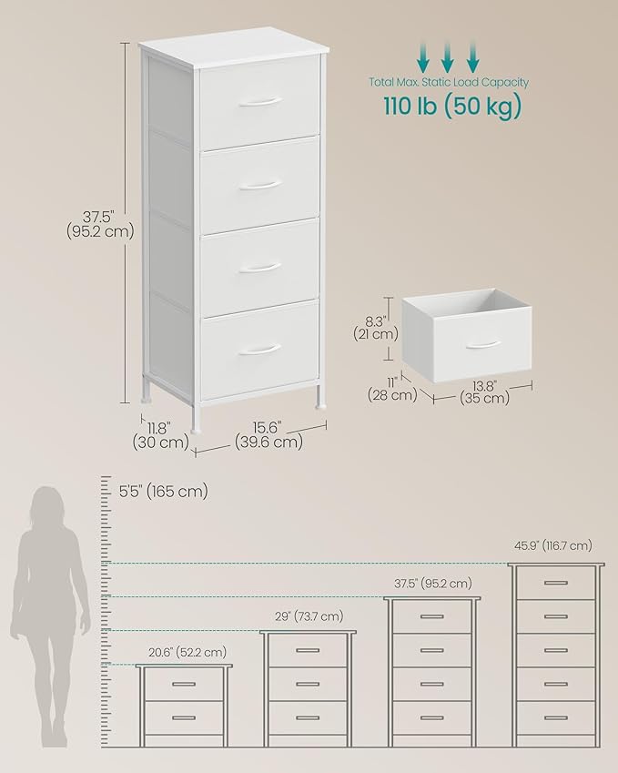 SONGMICS Dresser for Bedroom, Chest of Drawers, Steel, MDF, 4 Non-Woven Fabric Drawers, Storage Organizer Unit, Closet, Entryway, Cloud White and Snow White ULGS314W01S