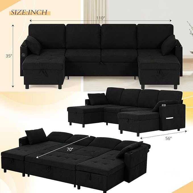 110" Fabric Pull-Out Couch Bed w/Adjustable Backrests, Sectional Sleeper Sofa w/USB Ports & 2 Cup Holders, Upholstered U-Shaped Couch w/Storage Chaise for Living Room, House, Black