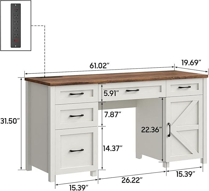 Farmhouse 61'' Executive Desk with 5 Drawers, Rustic Office Desk Computer Table with Charging Station, File Drawers and Storage Cabinet, Wood Workstation for Study and Home Office,(Unique White)