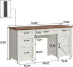 Farmhouse 61'' Executive Desk with 5 Drawers, Rustic Office Desk Computer Table with Charging Station, File Drawers and Storage Cabinet, Wood Workstation for Study and Home Office,(Unique White)
