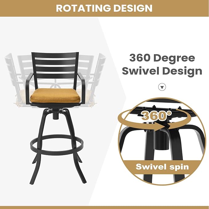 Pellebant Outdoor Bar Stools Set of 4 with Sunbrella Cushion, 29.5" Aluminum Swivel Bar Height Stool Chairs with Back & Footrest, Rust-Proof Patio Bartools for Deck Lawn Garden,Teak