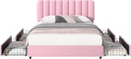 VECELO Full Size Upholstered Bed Frame with 4 Drawers and Headboard, Velvet Platform Storage Bedframe, Wooden Slats Support, No Box Spring Needed,Pink