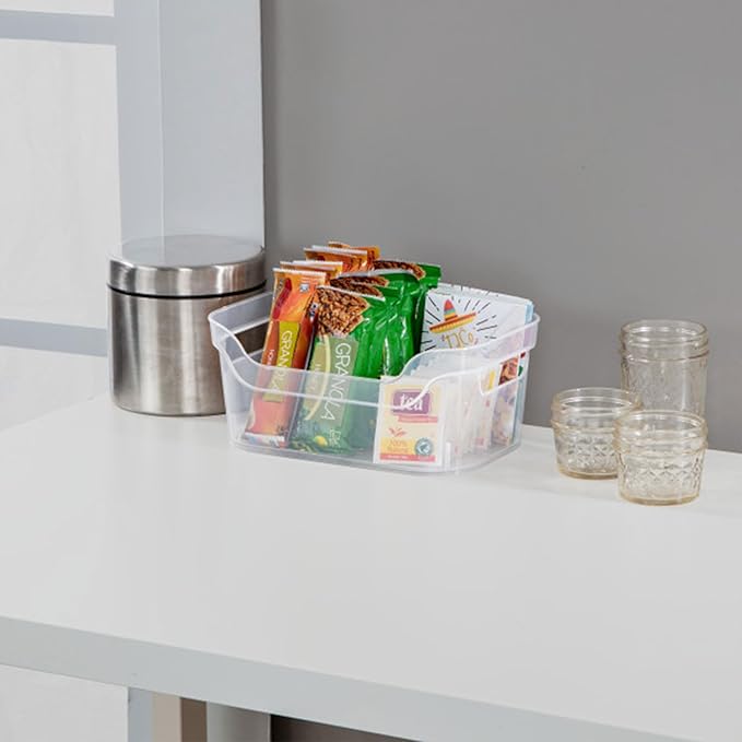 Sterilite 9.5 x 6.5 x 4 Inch Small Open Scoop Front Clear Storage Bin with Comfortable Carry Through Handles for Household Organization (32 Pack)
