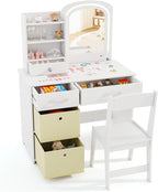 HONEY JOY Kids Vanity, Little Girls Vanity Set with Mirror and Stool and Lights, Wooden Princess Makeup Dressing Table, Storage Box & Shelf, Pretend Play Kids Vanity Table and Chair Set(White)