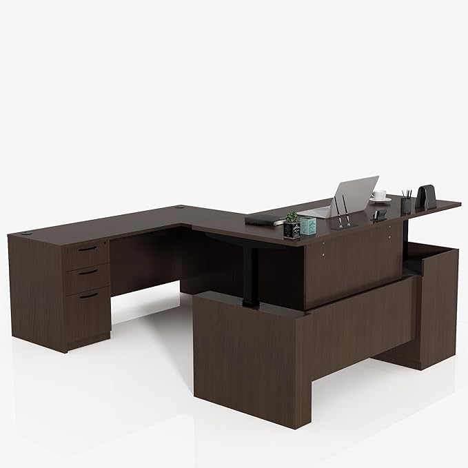 100.4'' Height Adjustable U-Shaped Executive Desk with 3-Drawer File Cabinet and Shelves (Espresso-U)